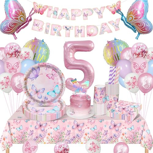 YIMAKJ Schmetterling Deko Geburtstag, 5 Jahre Schmetterling Geburtstagsdeko Mädchen, 5. Schmetterling Kindergeburtstag Deko, Pappteller, Pappbecher, Luftballons, Banner Für Partygeschirr Set 16 Gäste