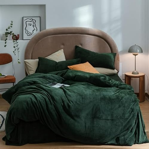 Covebett Winter Warme Bettwäsche 135x200 Grün Dunkelgrün Flanell Cashmere Touch Plüsch Winterbettwäsche 2teilig, 1 Flauschig Coral Fleece Bettbezug mit Reißverschluss und 1 Kissenbezug 80x80