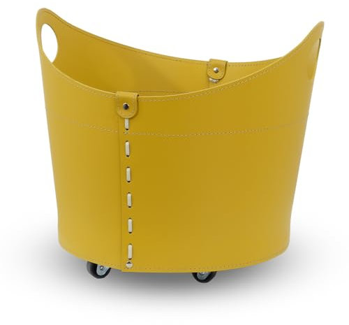 LIMAC Design CADIN Holzkorb aus Leder - Kaminholztasche - Kaminholzkorb - mit gummierten Rädern - hergestellt von Limac Design® (Ockergelb)