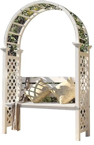 Banc de jardin en bois en forme de dôme avec assise large et pieds renforcés, banc de parc extérieur pour jardin ou terrasse, tonnelle de jardin en métal avec banc 2 places (blanc)