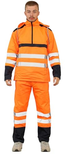 BSBAAA FASHIONS® Tuta antipioggia ad alta visibilità, da uomo, ad alta visibilità, impermeabile, con nastro riflettente, leggera, con cappuccio, taglie S-XXL, Arancione, M