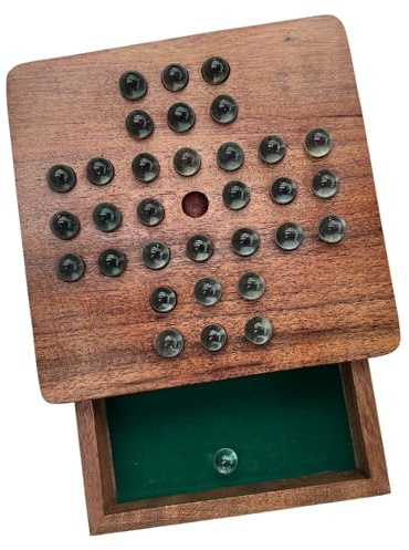 Thorness Wooden Solitaire with Drawer for Storing Marbles | Travel Games | Strategic & Traditional Games | Perfect for Adults & Family Fun