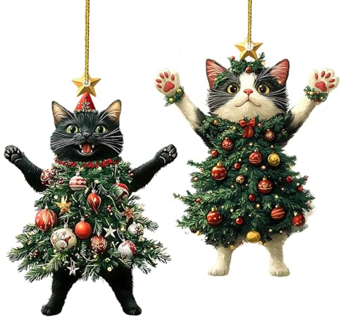 2 Stück Weihnachtsdeko Katze | Christbaumschmuck Katze | Schwarze Katzen Weihnachtsbaum Anhänger Lustig | Niedliche Weihnachtskugel Katze Schmuck für Weihnachts Deko