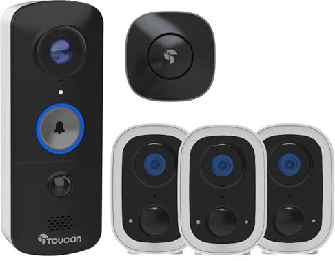 TOUCAN V3 Video Doorbell with Chime & 3x S4 Outdoor Home Security Camera Bundle – Full Home Protection with Motion Alerts, 2-Way Audio, XL Battery Life & Free Cloud Storage, No Subscription Required