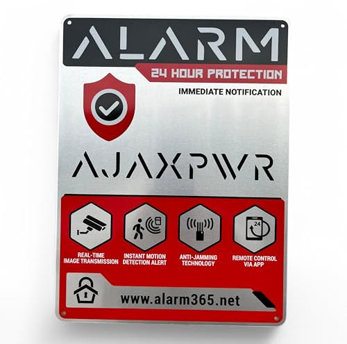 Placa Alarma AJAXPWR | NO PARECE REAL, LO ES. | Cartel alarma grande fachada en ALUMINIO intemperie | Especial casa piso negocio | disuasorio Alarma rojo y negro, 28x21cm. | Ojales sujeccion