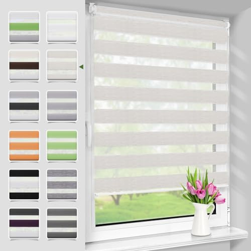 Deswell Store Enrouleur Jour Nuit sans Perçage, Tamisant pour Fenêtre ou Porte, Installation Facile avec Clips, 50 x 100 cm (Largeur du Tissu 46 cm), Lin