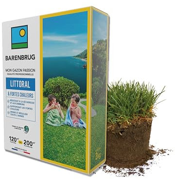 BARENBRUG - Gazon Littoral & Fortes chaleurs - Résistant Sécheresse et Embruns - Supportant Fortes Chaleurs - Dense et Régulier Toute l’Année - Permet de Réduire l'Arrosage - Fabriqué en France - 3KG