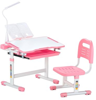 VEVOR Ensemble Chaise et Bureau pour Enfants avec Lampe de Table, Table et Chaise d'étude, Hauteur réglable et inclinés de 0 à 40°, pour Lecture, Apprentissage, pour Chambre et Salle d'étude, Rose