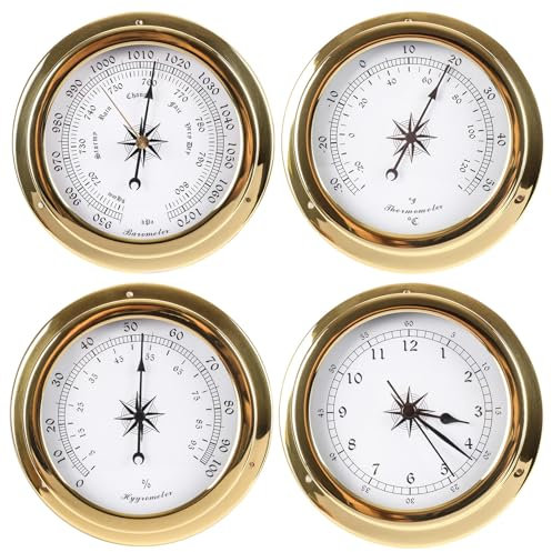VMAPJIZA Juego de 4 relojes higrómetro termómetro barómetro de alta precisión de 145 mm, barómetro de pesca al aire libre, estación meteorológica analógica de latón montado en la pared, adecuado para