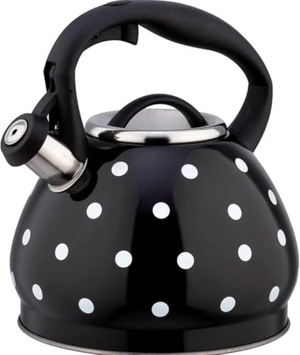 Bouilloire Polka Dot, théière de camping sifflante de 3 litres en acier inoxydable avec poignée résistante à la chaleur, ébullition rapide, compatible avec tous types de feux.(noire)