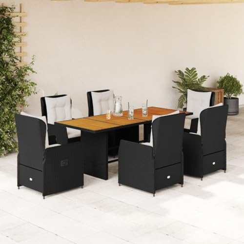 Verderoom Gartenmöbel Set 6 Verstellbare Hochlehner Stühlen mit Tisch Garten Sitzgruppe 6 Personen Rattan 6 Personen Polyrattan Gartenmöbel Set mit Kissen-Schwarz-7-tlg