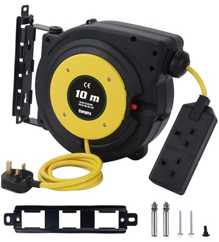 EnergyPro 10 Metre Automatic Retractable Extension Cable Reel with UK BS1363 Plug, 2300W 230V, Overload Protection, Mountable for Garden, Workshop and Home Use
