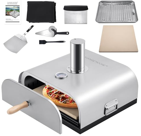CHANGEMOORE Outdoor Wood Fired Pizza Oven Grill Top with Built-in Thermometer, Suitable on Charcoal and Gas Barbecue Grills, Cordierite Stone Included, BBQ Charcoal Tray, Dust Cover