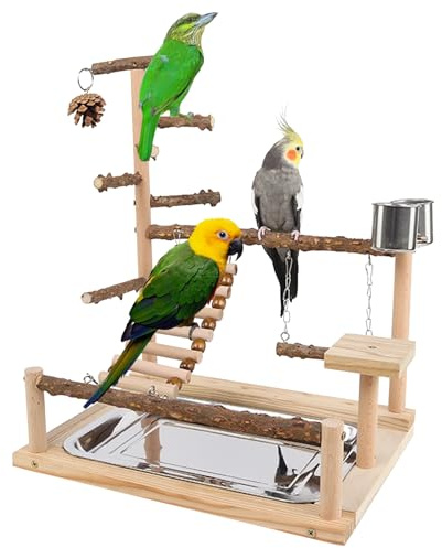 Aire de jeux pour perroquets, Trespolo pour perroquets avec tasses et plateaux, support pour oiseaux en bois, aire de jeux en bois pour perruches, perruches ondulées, 37 x 26 x 37 cm
