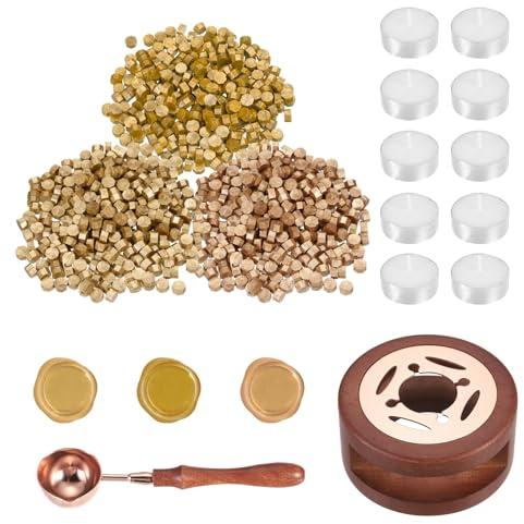 PATIKIL 300 Piezas De Cuentas De Sellado De Cera Kit De Sellos De Cera | 10 Velas Tealight Para Manualidades DIY, 3 Tonos Dorados, Calentador De Madera, Cuchara De Derretimiento