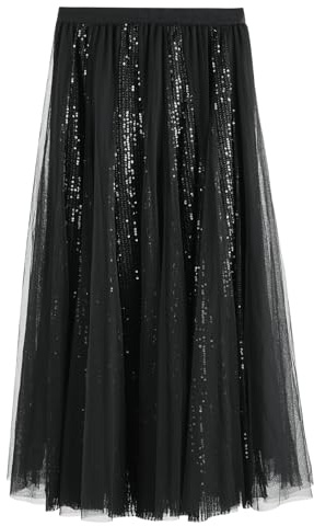 SPFASZEIV Gonna Lunga in Tulle con Paillettes per Donne Brillante a Linea A Gonna Midi con Glitter Outfit Casual Feste Festival Nero Taglia Unica