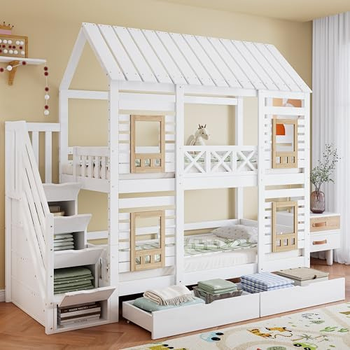 RIAZOS Kinderbett Etagenbett 90 x 200, Hausbett für 2 Kinder, Hochbett mit Lattenrost, Treppe mit 4 Ablagefächern, Rausfallschutz, Zwei Schubladen mit Rollen, Baumhaus Bett mit Fenster und Dach