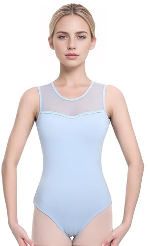 s.lemon Nackennetz Rückenfrei Gymnastik Trikots Ballett Tanz Trikots für Damen,mit BH Pad 9462 Blu 170