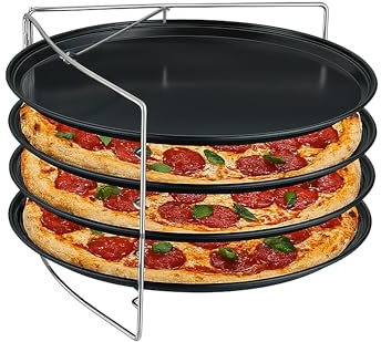 Relaxdays Bandeja para Pizza, Set de 4, con Soporte, Antiadherente, Acero al Carbono, Redonda, Antracita/Plateado, 50% Inoxidable, 4 Unidades