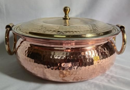 Lalit Kishori Pure Copper Lagan Handi con tapa, asas de latón, olla biryani de pollo kalai martillado, utensilios de cocina y utensilios de servir, utensilios de cocina para cocinar (cobre, 2 litros)