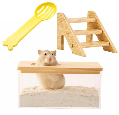 JazRvr Sandbad Hamster 3-teiliges Set, Hamster Zubehör mit Leiter, Transparente Badewanne und Blauer Schaufel, Ideal für Hygiene und Spiel