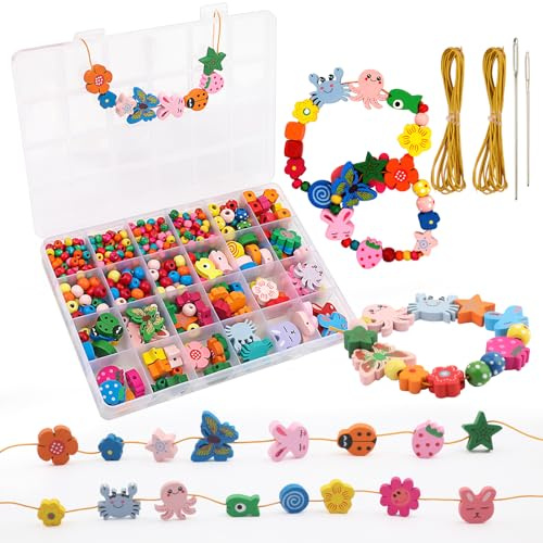 Holzperlen zum Auffädeln Kinder 530 Stk,Bunt Blumen&Tiere Perlen,mit Schnur | Holzperlen in Blumen,Tier Designs mit Schnur.Perfekt für DIY-Armbänder,Schmuck kreative Projekte.Ideal für Kinder ab 4 Jahren