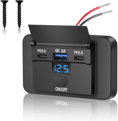 Daakro 90W USB Ladebuchse,Mit Voltmeter Dual PD3.0 & QC3.0 USB Handy Schnellladegerät Wasserdicht,12V Autoladegerät mit Schalter für 12 V / 24 V Wohnwagen, Autos, Motorräder, LKWs