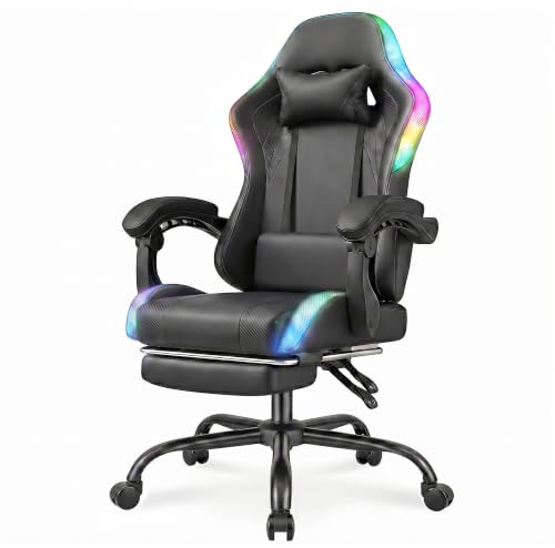 Devoko LED Gaming Stuhl – Ergonomischer Bürostuhl mit Massagefunktion & Teleskop-Fußstütze, Verstellbare Rückenlehne (90-135°), für Gamer bis 150 kg, Augenschonendes Design, Schwarz