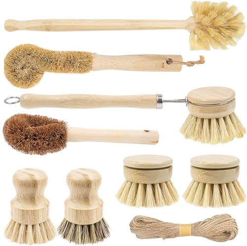 8er Set Spülbürste Holzspülbürste, Bürstenköpfe austauschbar mit Naturborsten, Geschirr, Flaschen, Topf und Gemüsebürsten mit langem Griff für Spüle, Pfannen und Haushaltsreinigung