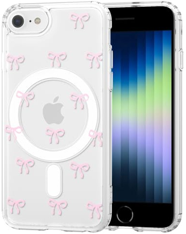 TVVTPU Magnetisch Hülle für iPhone 8/7/SE 3/2 (2022/2020) Kompatibel mit MagSafe, Aesthetic Schleifen Muster Handyhülle Nie Vergilbung Dünne Transparent PC Rückseite Stoßfester Kratzfest Case, Rosa