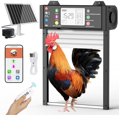 Automatische Hühnerstalltür mit Türstatuserkennung, Stabiler WLAN-Wiederverbindung & Tuya-App, Solarpanel, Lichtsensor & Timer, Einklemmschutz, LCD-Display, 4000-mAh Akku