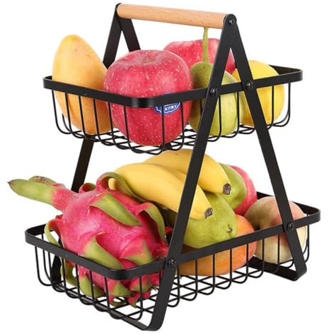 MEESOGA XL 2-Tier Fruit Basket Stand with Wooden Handle - Extra Large Fruit Bowl Holder Bread Basket Vegetable Rack, Detachable Metal Fruit Holder for Fruit Vegetables Snacks for Home Kitchen Office