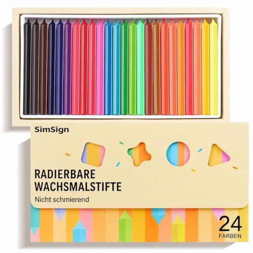 SimSign Wachsmalstifte Kinder 24 Farben, Dicke Dreikant Buntstifte für Kleinkinder ab 1 Jahr, Bruchfest & Radierbar, Ergonomischer Griff, Saubere Hände, Malstifte Set für Kindergarten & Schule