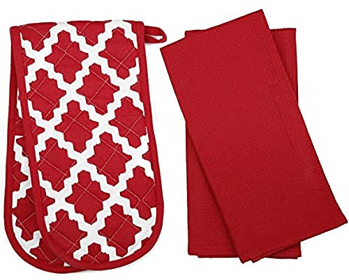 Penguin Home Heat Resistant Oven Gloves with Set of 2 Tea Towel, Oven Mitt & Potholder for Home Cooking - Maximum Heat Protection/Kitchen Accessories(Diamond Red) Size - (18x90 & 65x45 cm)