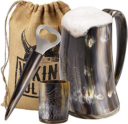 Viking Culture Corne à boire, verre à shot et décapsuleur (3 pièces), ensemble authentique - 473 ml Chope de bière, d'hydromel et d’ale - Style vintage avec poignée - Finition polie (Loup/Fenrir)