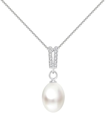LÖB Damhalsband 925 silver med pärlhänge silvertråd spiral pärlhalsband pärlor droppar rund liten vit 6 mm