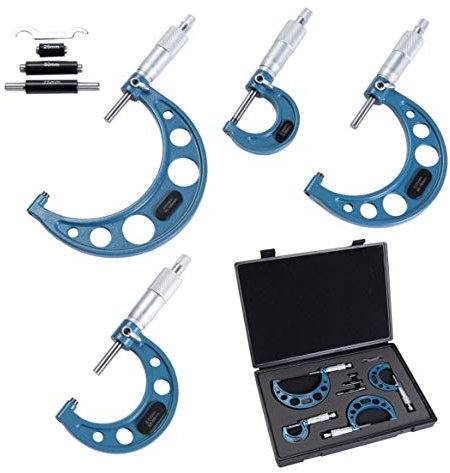 Beslands Bügelmessschrauben Satz 4 Stück 0-25 mm, 25-50 mm, 50-75 mm, 75-100 mm Mikrometerschraube Mikrometersatz Außendurchmesser Mikrometer Bügelmessschraube