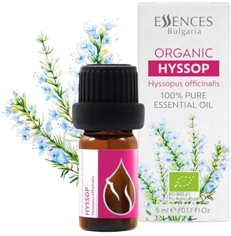 Essences Bulgaria Organic Hyssop Essential Oil 5ml | Hyssopus officinalis | 100% Pure and Natural | Undiluted | Therapeutic Grade | Family Owned Farm | Steam-Distilled | Non-GMO | Vegan