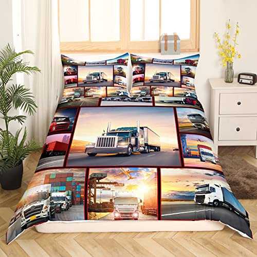 Sunnybed LKW-Kinderbettwäsche-Set 135 x 200 Für Jungen, Teenager, Schwere Maschinen, LKW, Kran, Bagger, Bettbezug, Mädchen, Jugend, Kinder, Herren, Patchwork-Muster, Traktoren, Bettbezug