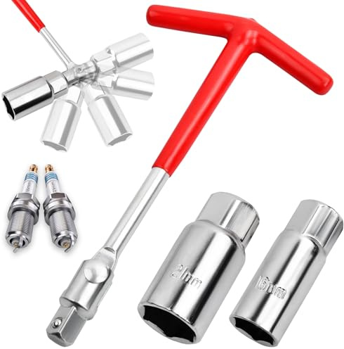 Spark Plug Socket Set - Stainless Steel Silicone Spark Plug Removal Tool 16mm and 21mm - Red T-Handle Flexible Spanner Spark Plug Wrench for Fastening and Demolition