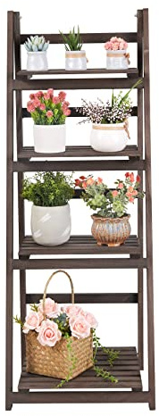 unho Wooden Ladder Shelf, 4 Tier Plant Stand Flower Display Stand Folding Wooden Ladder Storage Rack Shelf Unit Corner Book Shelves Indoor Outdoor Plant Ladder Racks