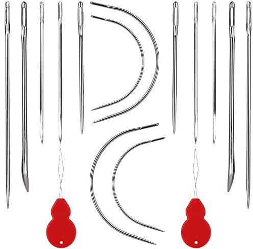 SAVITA 14 Stück Nähnadeln, Mehrere Stile Stickgarnnadel Stumpfe Nadeln mit Ösen Gebogene Nadeln mit 2 Stück Nadeleinfädler für Polster Teppich Leder Leinwand Reparatur