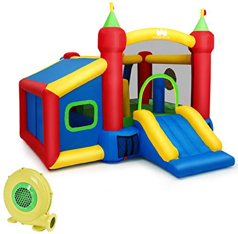 GOPLUS Aufblasbare Hüpfburg, Castle Bouncer mit Rutsche, Sprungplatz, Basketballkorb, Schutznetze, Tragetasche, für Einkaufszentrum, Park & Haus, 382 x 335 x 210 cm (Burg, Mit Gebläse)