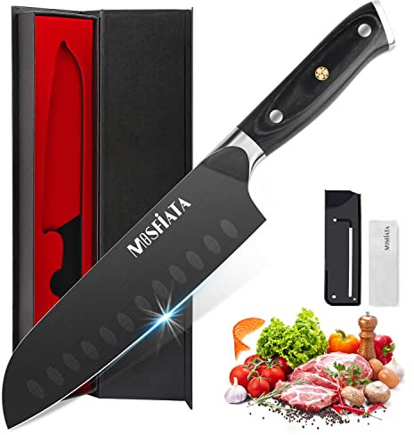 MOSFiATA Kochmesser, Santoku Messer Titan-plattiertes Küchenmesser Profi Chefmesser Allzweckmesser Sushi Messer Japanisch mit Geschenkbox