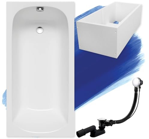 BADLAND Badewanne Original Weiß Acryl Wanne Rechteck CLASSIC SLIM 120x70 KOMPLETTSET SET mit Premium Wannenträger + Füßen und Exklusive Chrom Automatik Ablaufgarnitur Made in EU 4in1