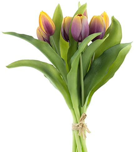mucplants künstliche Tulpen Tulpenbündel mit 4 Tulpen und 3 Tulpenknospen real Touch (Gelb/Mauve)