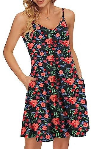 WNEEDU Robe d'été à Bretelles Spaghetti pour Femmes Floral Noir Rouge XL