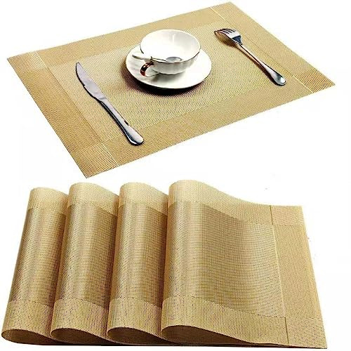 fanquare Platzsets 45x30 cm, Abwaschbare PVC Tischsets für Esstisch, Gewebte Vinyl Tischmatten Hitzebeständig, Abwischbar, 6er Set(Gold)