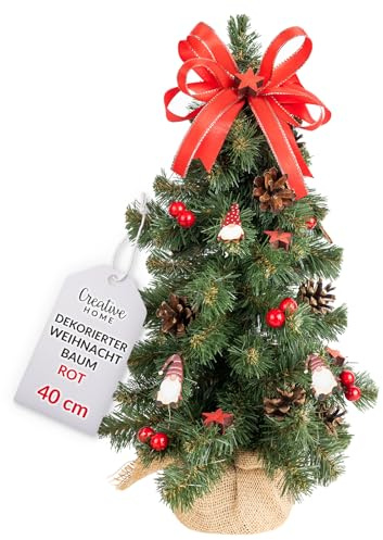 Creative Home Kleiner Weihnachtsbaum Rot Geschmückt | Höhe 40 cm | Künstlicher Tannenbaum Mini im Jutesack | für Tisch Schreibtisch Büro | Innen & Außen | Weihnachtsdeko Geschenk