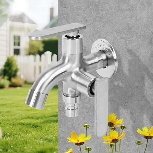 Stainless Steel Doppel Wasserhahn, Gartenwasserhahn 1/2 zoll, Multifunktionaler Außenwasserhahn für Waschmaschine, Küche, Badezimmer, Garten